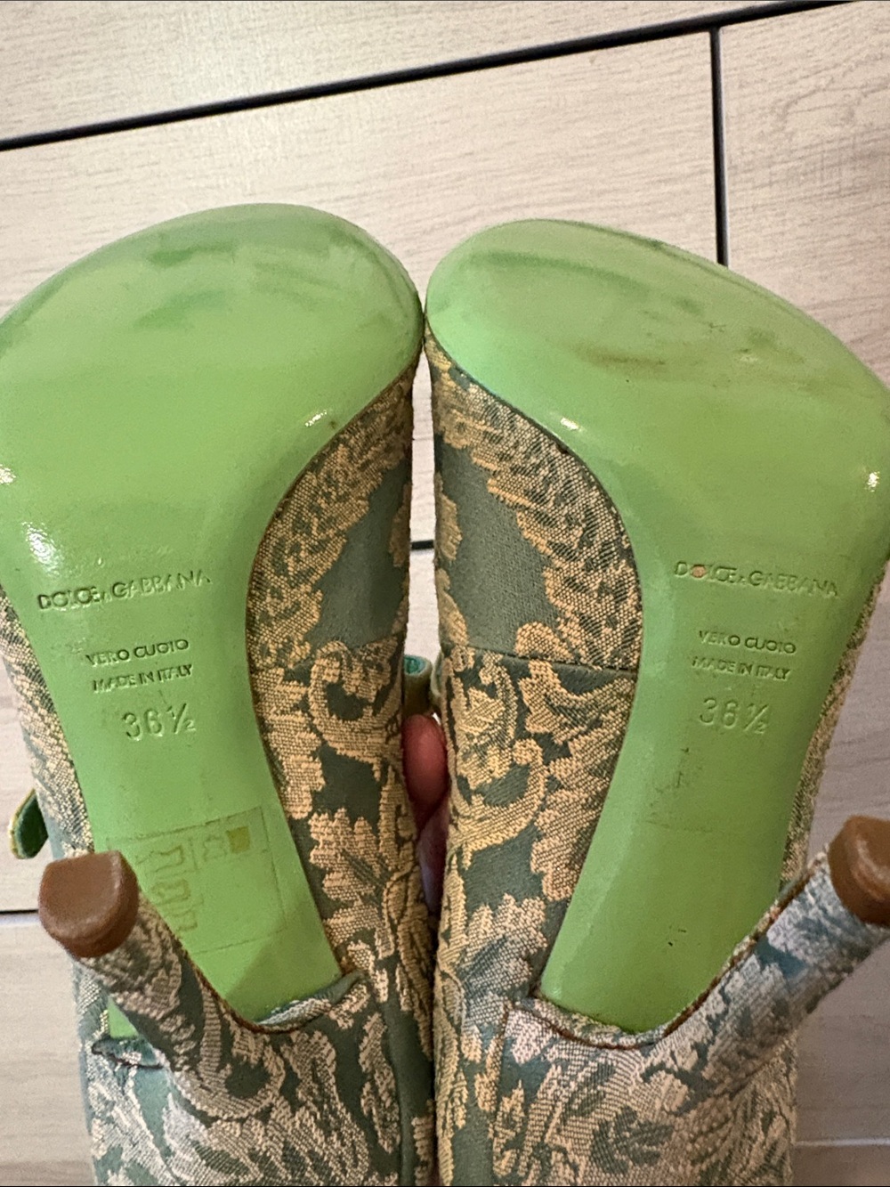 Dolce Gabbana Green Brocade Embroidered Mary Jane Heels with Lime Straps - Picture 5 of 5